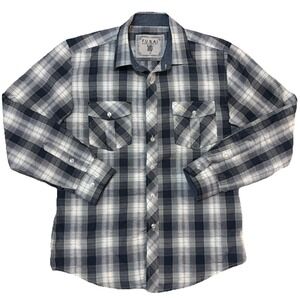 F.U.S.A.I.‎ Plaid Black White Gray Blue Button-Up Shirt Med Roll Tab Textured